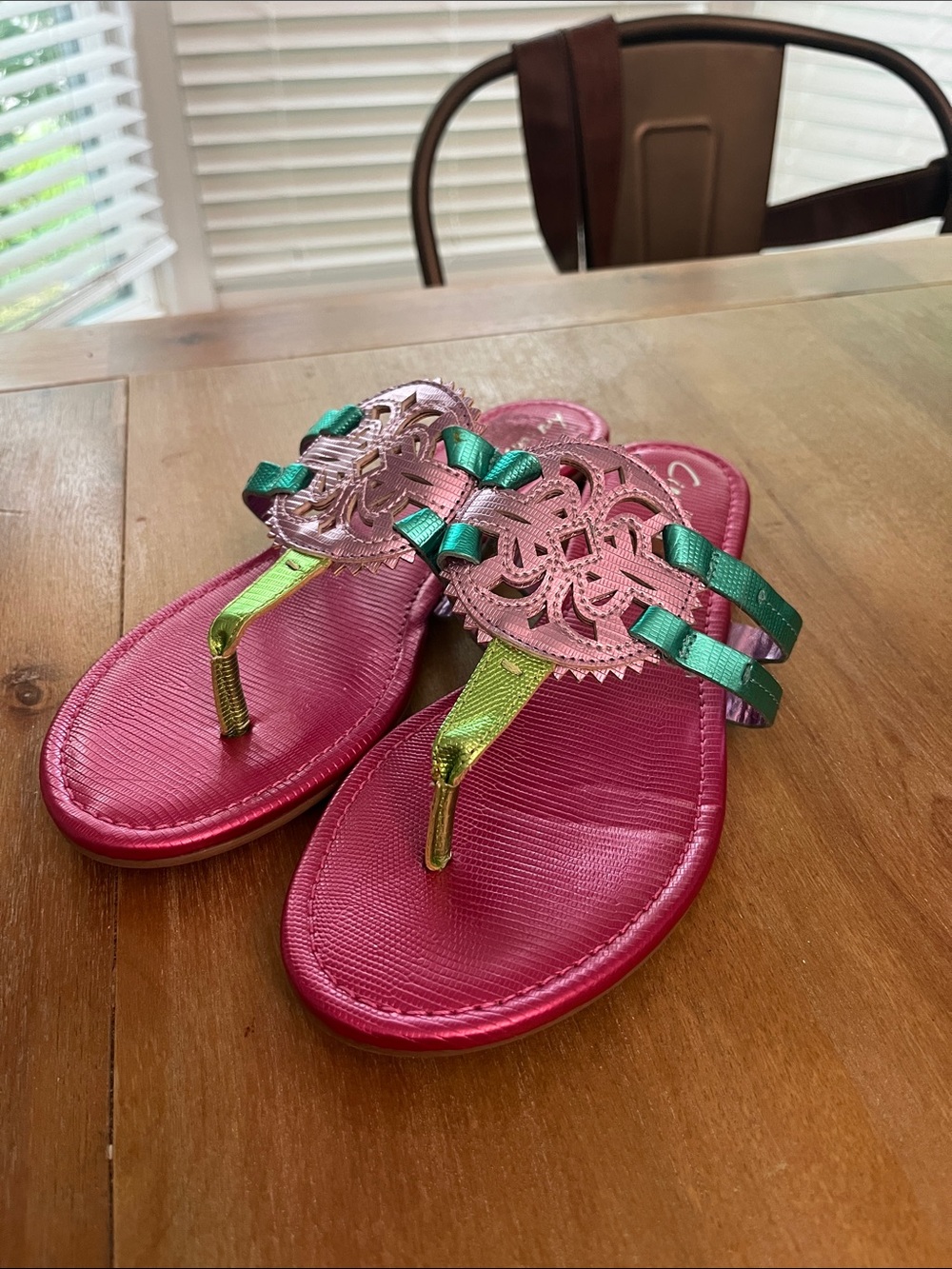 Sam Edelman Metallic Pink Green Leather Thong Sandals